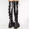 Women'S Thigh High Boots Black Punk Gothic Woman Sexy Long Boots Large Size Women Platform Shoes Leather Knight Boots Wedges