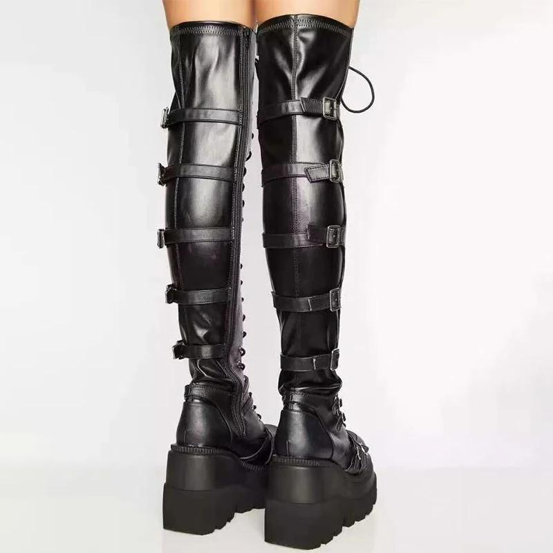 Women'S Thigh High Boots Black Punk Gothic Woman Sexy Long Boots Large Size Women Platform Shoes Leather Knight Boots Wedges