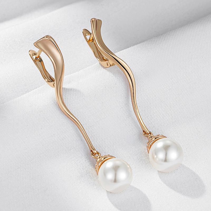 Unique Geometric Glossy Long Pearl Drop Earrings For Women Luxury  Rose Gold Color Accessories Party Daily Fine Jewelry