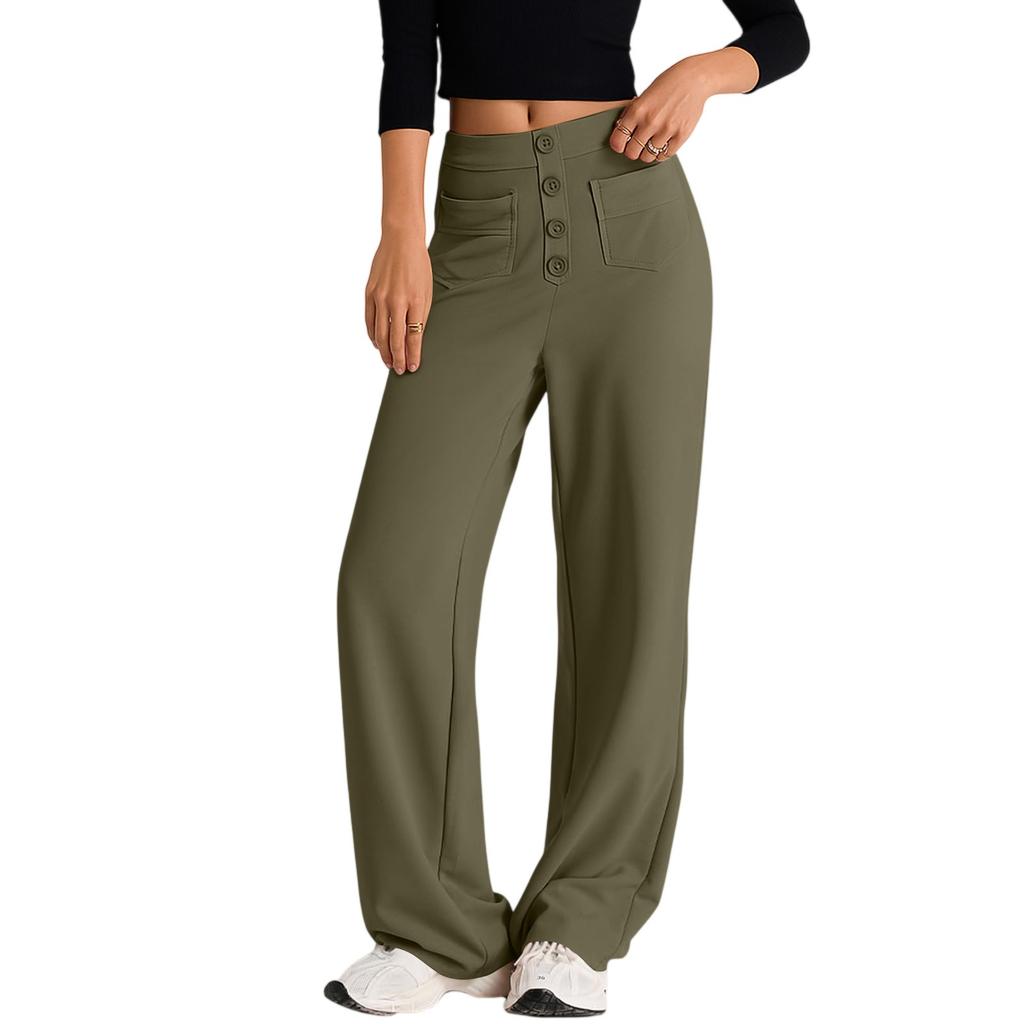 Women's Fashionable Solid Color Straight Leg Pants With High Waist Button Pockets And Elastic Waist Casual Pants