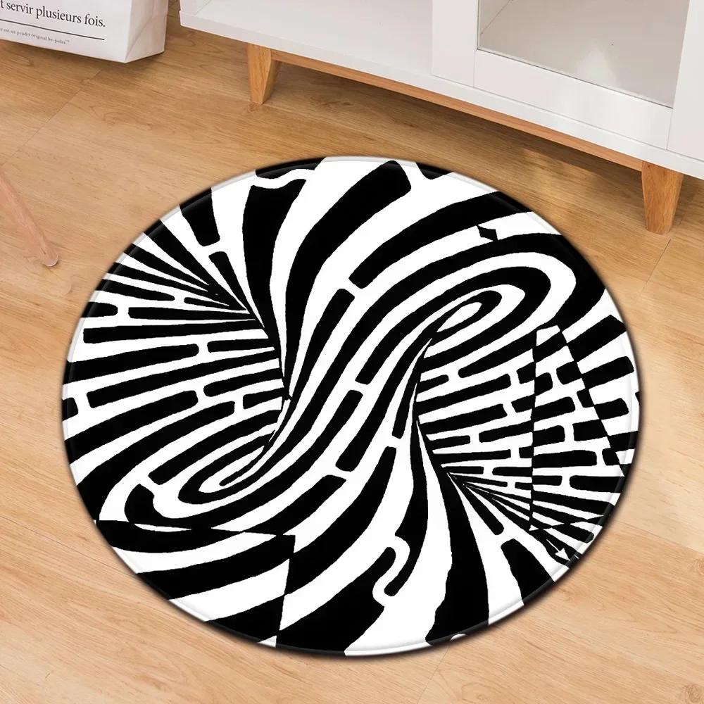 Crystal Velvet Psychedelic Round Rug,Black  White Geometric Illusion Print Non Slip Floor Mat for Living Room,Coffee Table,Decor