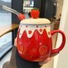 Cute Ceramic Cup Girl Heart with Lid and Spoon Mug Strawberry Large Capacity Creative Household Breakfast Coffee Cups