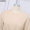 VONDA Women V Neck 3/4 Sleeve Casual Loose Drawstring Waist Maxi Rufffled Dress Robes