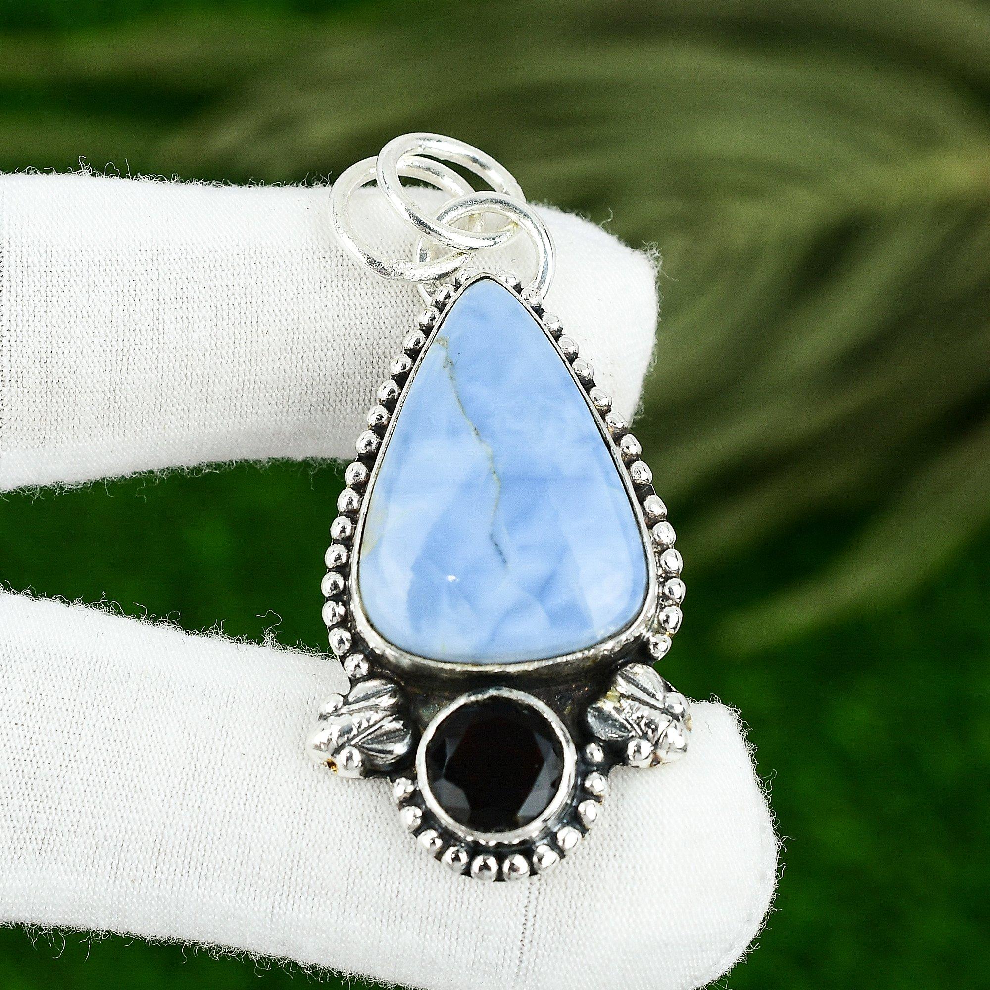 

925 Silver Owyhee Blue Opal Gemstone Spinel Wife Bezel Trendy Pendant Jewelry