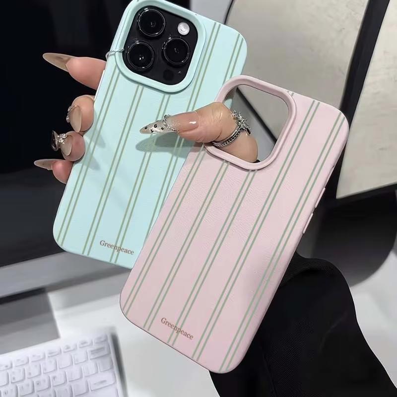 Custodia per Telefono con Strisce Verdi e Motivo Litchi Per iPhone 17 16 15 14 13 12 11 Pro Max XS X XR 16 Plus 16e Cover in Silicone Antiurto