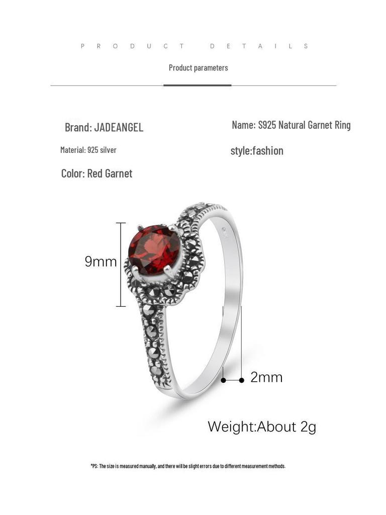 Elegant S925 Thai Silver Ring with Natural Garnet, Ruby, and Marcasite