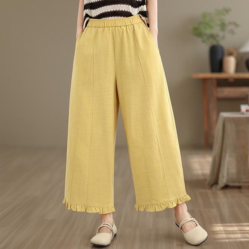 Plus size cotton Vintage high Waist Casual loose spring Summer wide leg Pants Women Trousers
