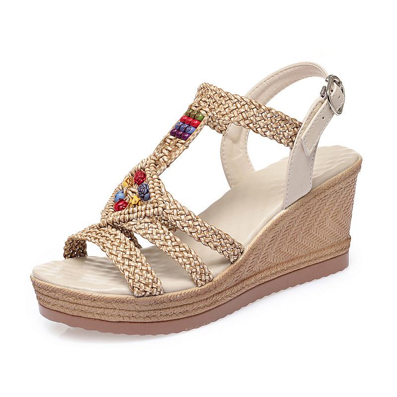 Women's Summer New Style Wedge Heel Platform Fashion Bohemian Ethnic Style Roman High-Heeled Leather Sandals