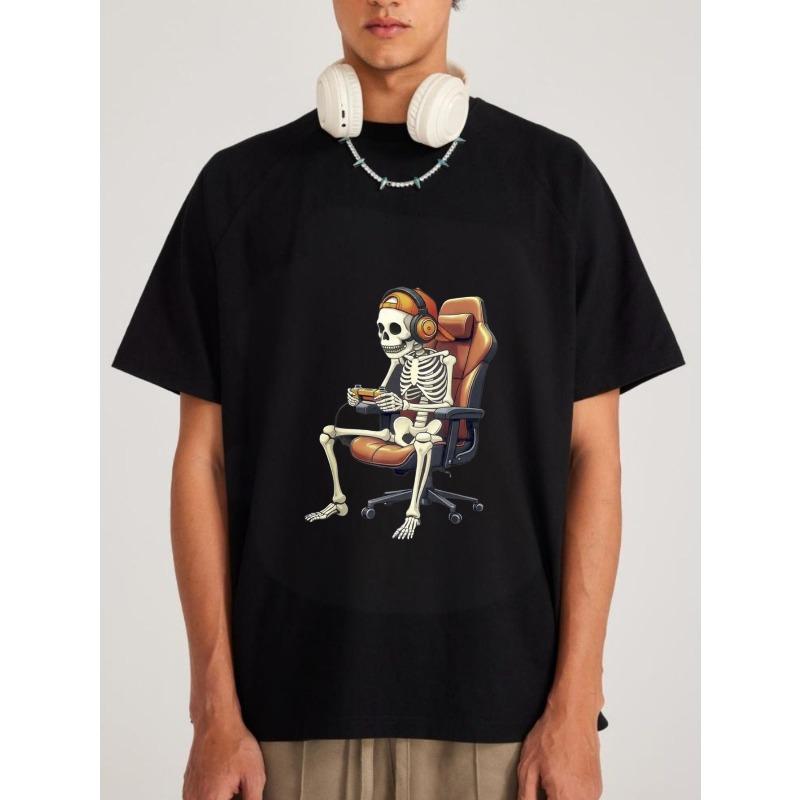 White T-Shirt Skeleton Gamer with Headphones and Chair Gaming Design for Casual Wear