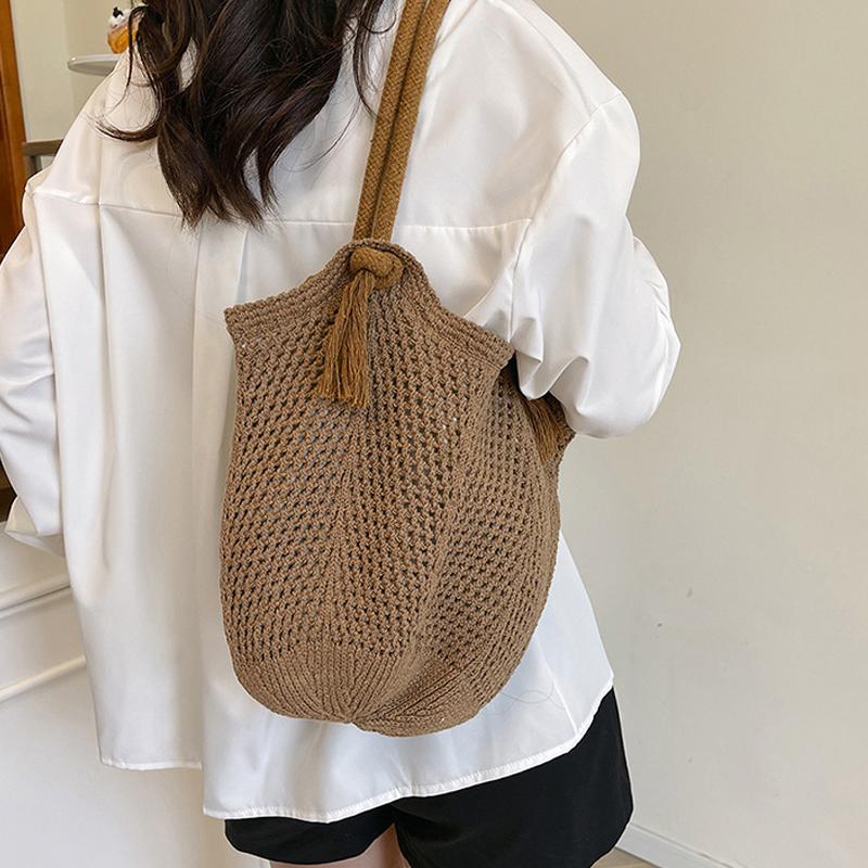 Portable Bohemian Knitted Shoulder Bag Hollowed Out Solid Color Casual Woven Handbag Sweet Soft Crochet Tote Bag CLE