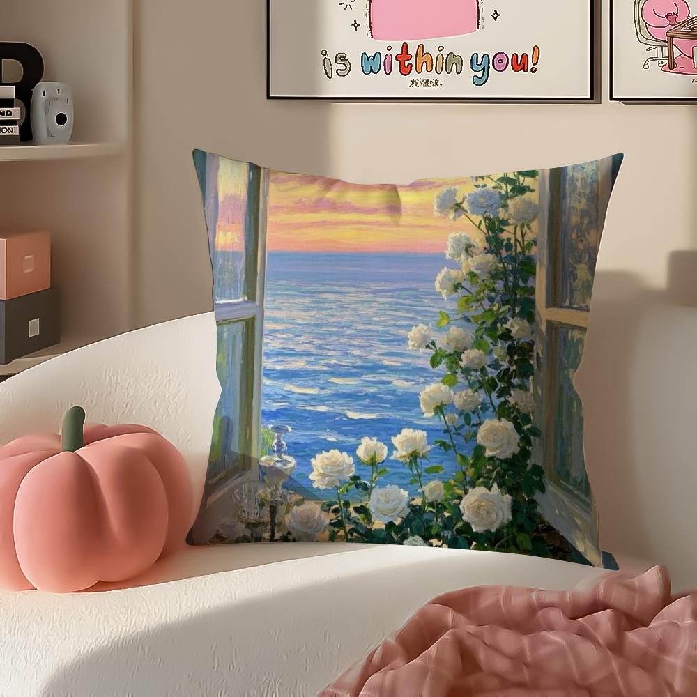 Landscape Style Painting Art Cushion Cover Pillowcase Short Plush Invisible zipper Room Sofa Cushion Cover