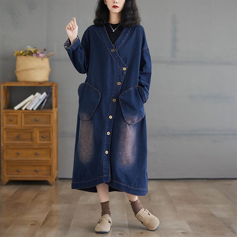 Dimanaf 2024 Autumn Denim Jackets Long Coat Casual Long Sleeve Shirt Women Loose Blue Vintage Lady Vintage Tops Plus Size
