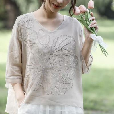 Korean Elegant Summer Women's Solid V-neck Embroidered Gauze Fashion Commuting Versatile Three Quarter Loose Chiffon Shirt Tops