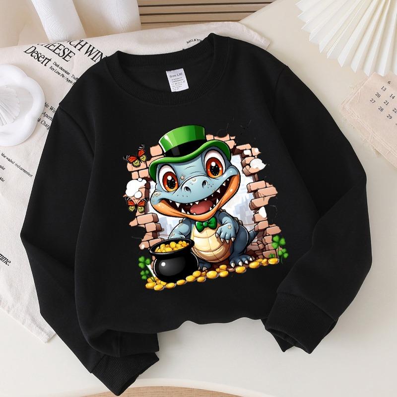 Kids Crewneck Long Sleeve Sweatshirt,Crocodile Leprechaun Gold Pot Butterfly Clover Print 110