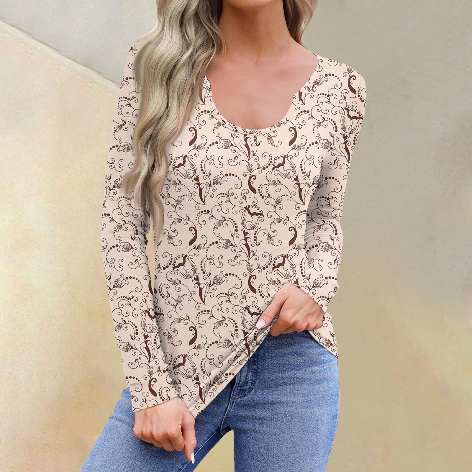 

Женская повседневная модная удобная рубашка с длинным рукавом и U-образным вырезом с цветочным принтом, футболка, топы XXXL розовый