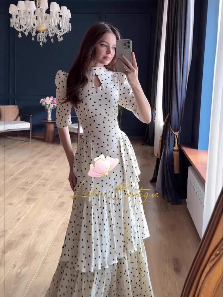 2025 Spring French Retro Polka Dot Short Sleeve Elegant Long Dress