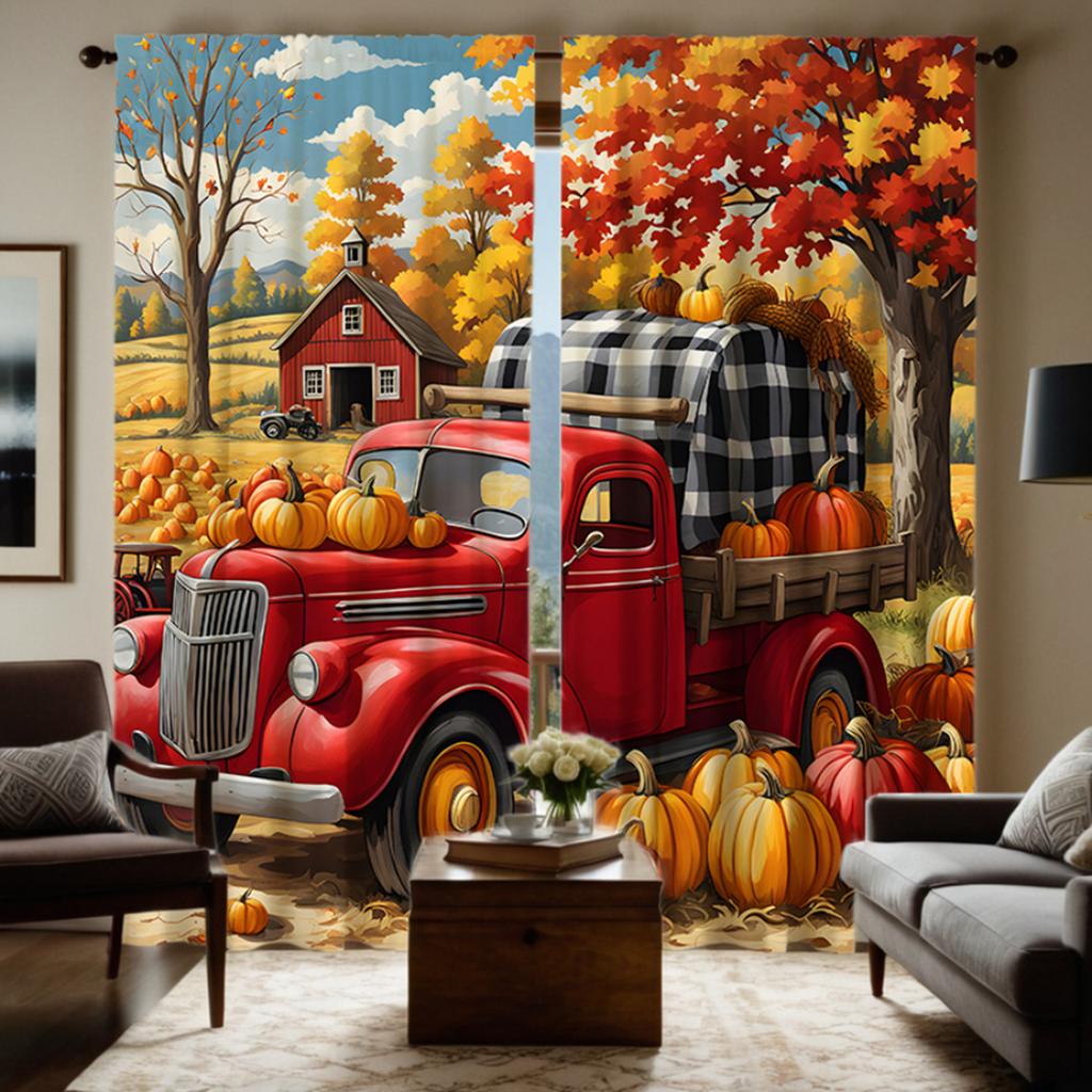 2pcs HD Harvest Festival Country Cottage Pumpkin truck decorative curtain under maple tree Yellow Tie digital printed curtain
