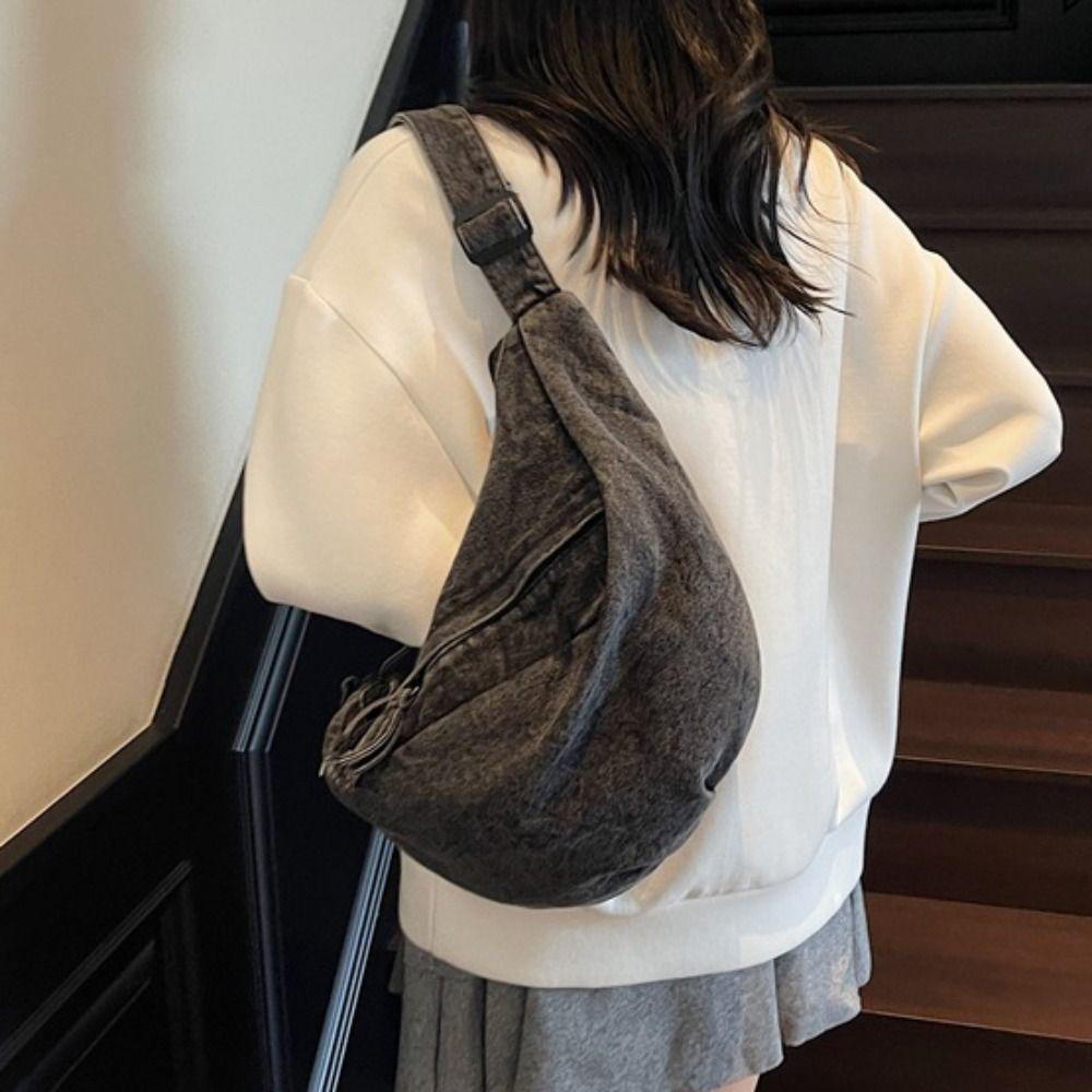 Leisure American Style Canvas Dumpling Bag Adjustable Strap Harajuku Denim Crossbody Bag Zipper Retro Handbag Women