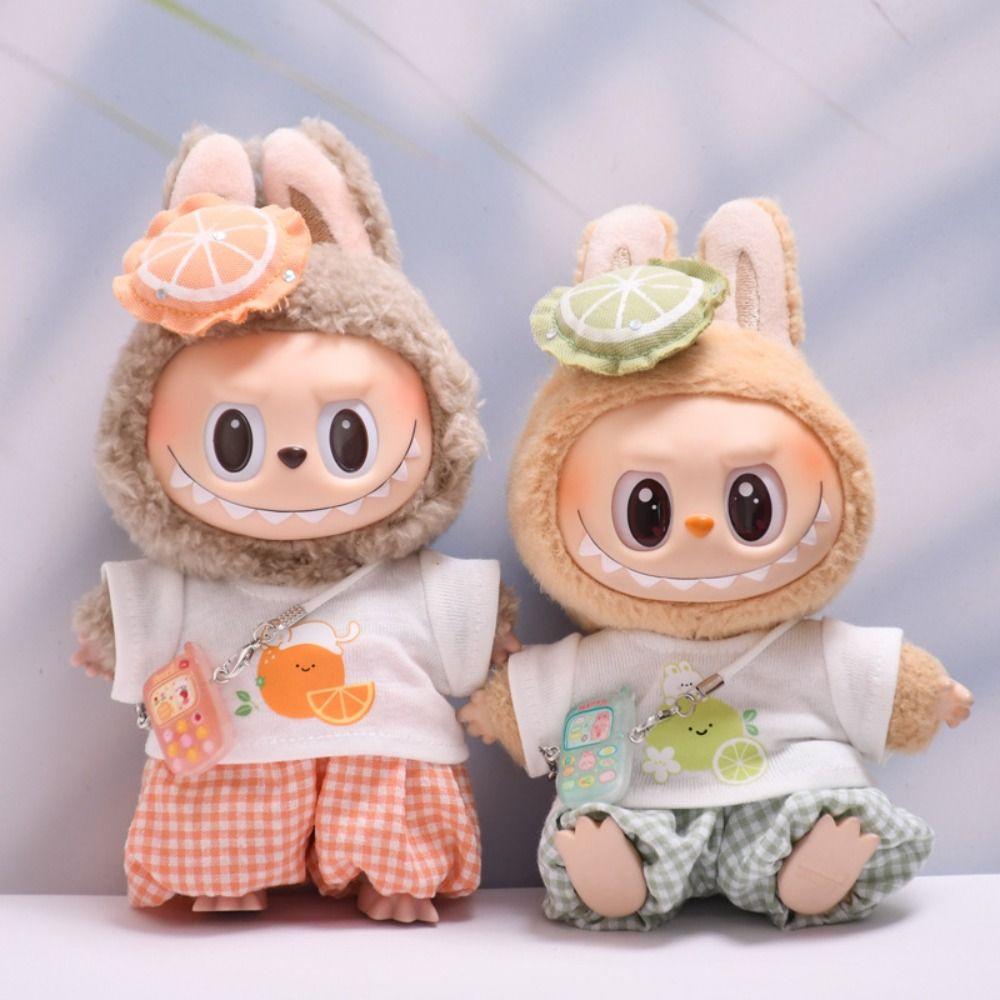 

Orange Sitting Labubu Time Cloth Plaid Pants 17cm Plush Dolls Clothes Kids Girls Toys Style 2