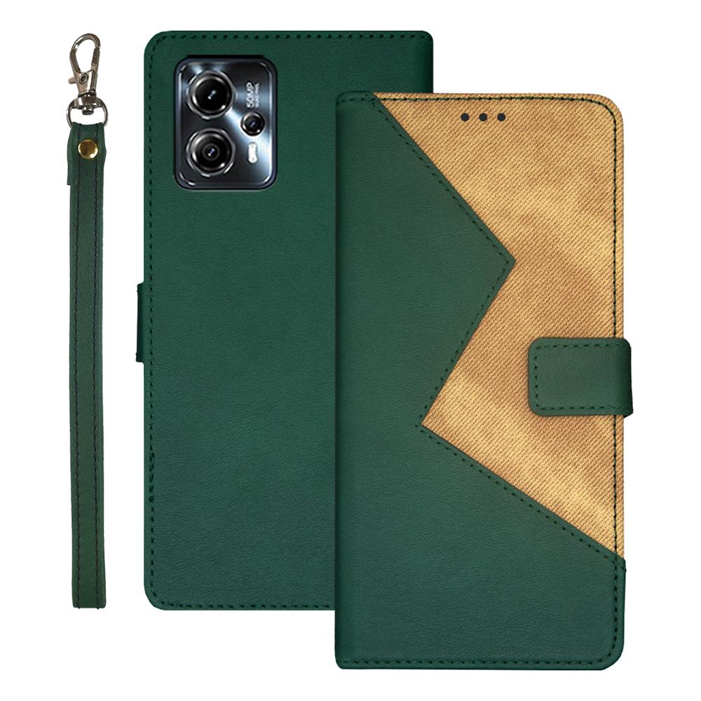 

IDEWEI For Motorola Moto G23 4G/G13 4G PU Leather Cover Wrist Strap Color Splicing Phone Case with Card Slots Green