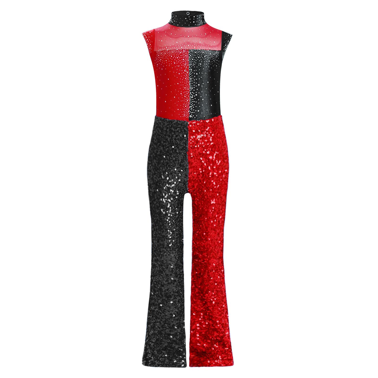 

Дівчачий джазовий комбінезон без рукавів з імітацією горловини, з вирізом-краплею на спині, блискучий, кольоровий блок, костюм для виступів з паєтками 15-16 Years червоний