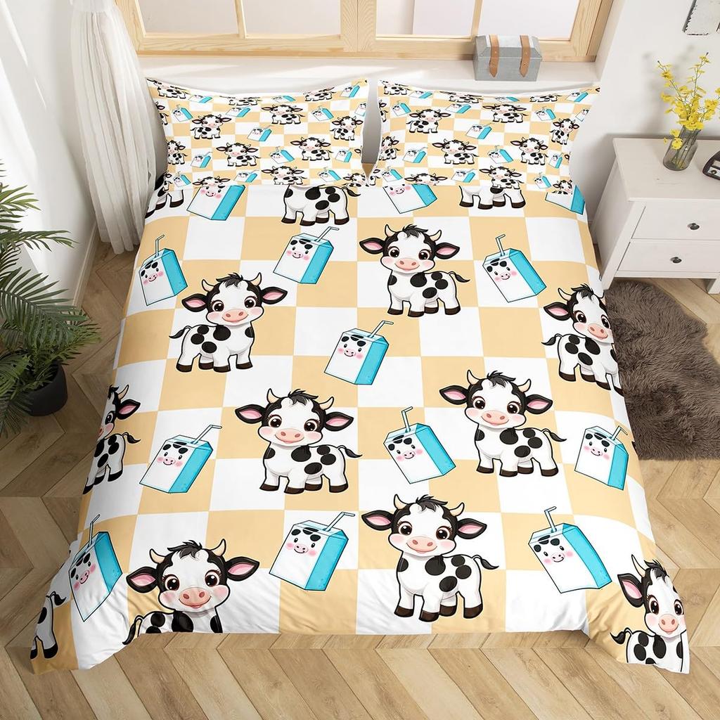 Carton Milk Cow Soft Duvet Cover Ful King Lovely Farm Animal Beding Set Strawbery Flowers Print Warm Comforter Cover Farmhouse Decor
