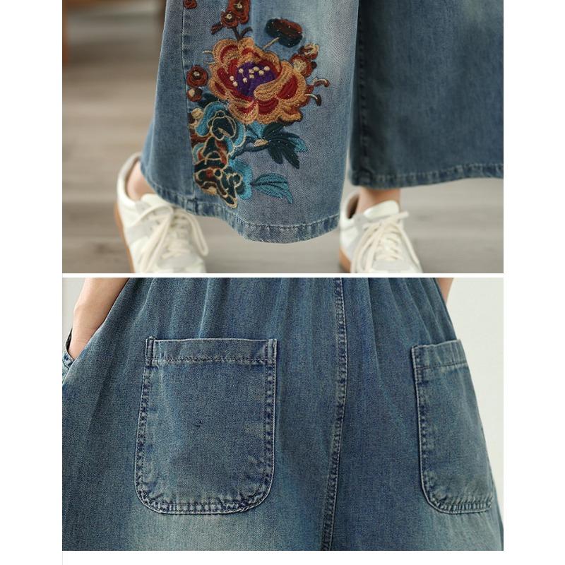 DIMANAF 2026 Summer New Plus Size Women Jeans Embroidery Floral Elastic Waist Long Pants Loose Casual Denim Cotton Trousers Pants