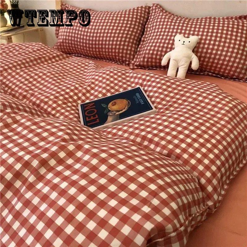 Washed Cotton Four-piece Set Korean Version Plaid Printed Quilt Cover Single Double Dormitory Four-piece Double Bed Bedding
