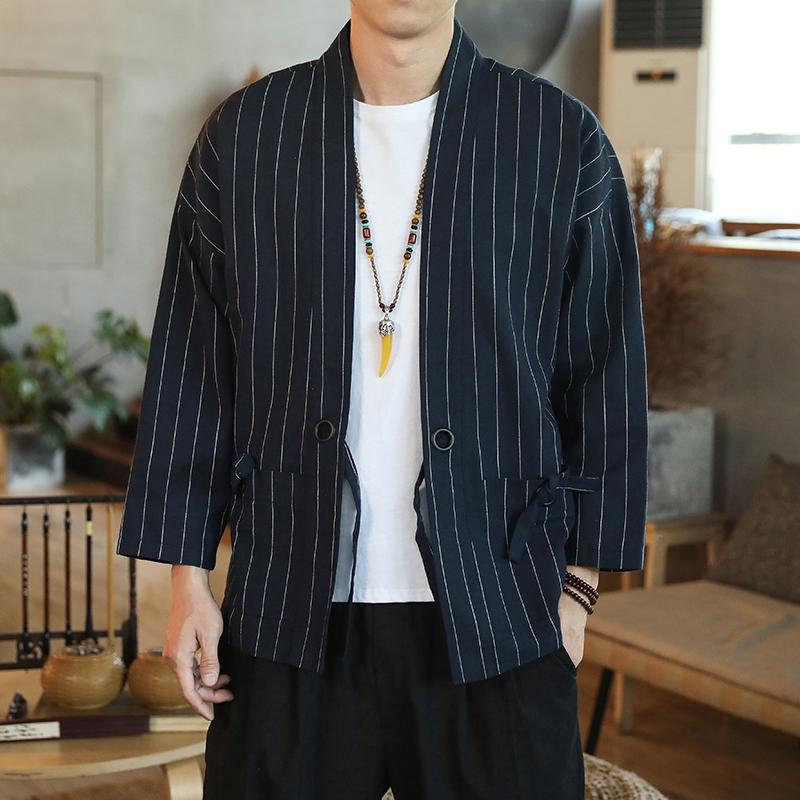Japanese Kimono Cardigan Men s Kimono Traditional Kimono Fashionable Cotton Kimono Jacket Linen Fabric Asian Overcoat 5XL темно-синий