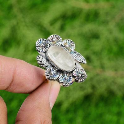 Pietra di Luna Naturale Gemma Dichiarazione Fiore Anello Bianco Regolabile Argento 925