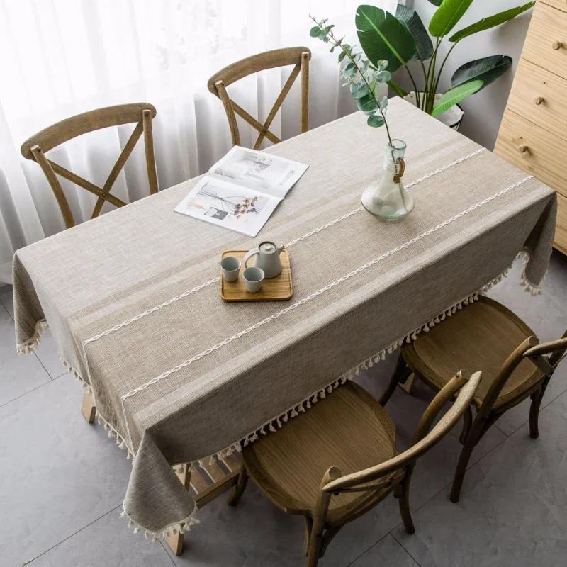 Japanese tablecloth grey tassel wind dustproof tablecloth rectangular household cotton linen table mat