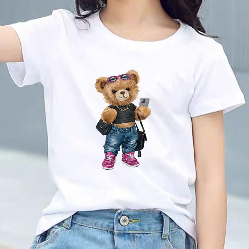 Trendy Girl Bear With Sunglasses Graphic Tee Kids 100 Cotton Crew Neck Casual T Shirt Short Sleeve Muticolor Top For Girls Boys