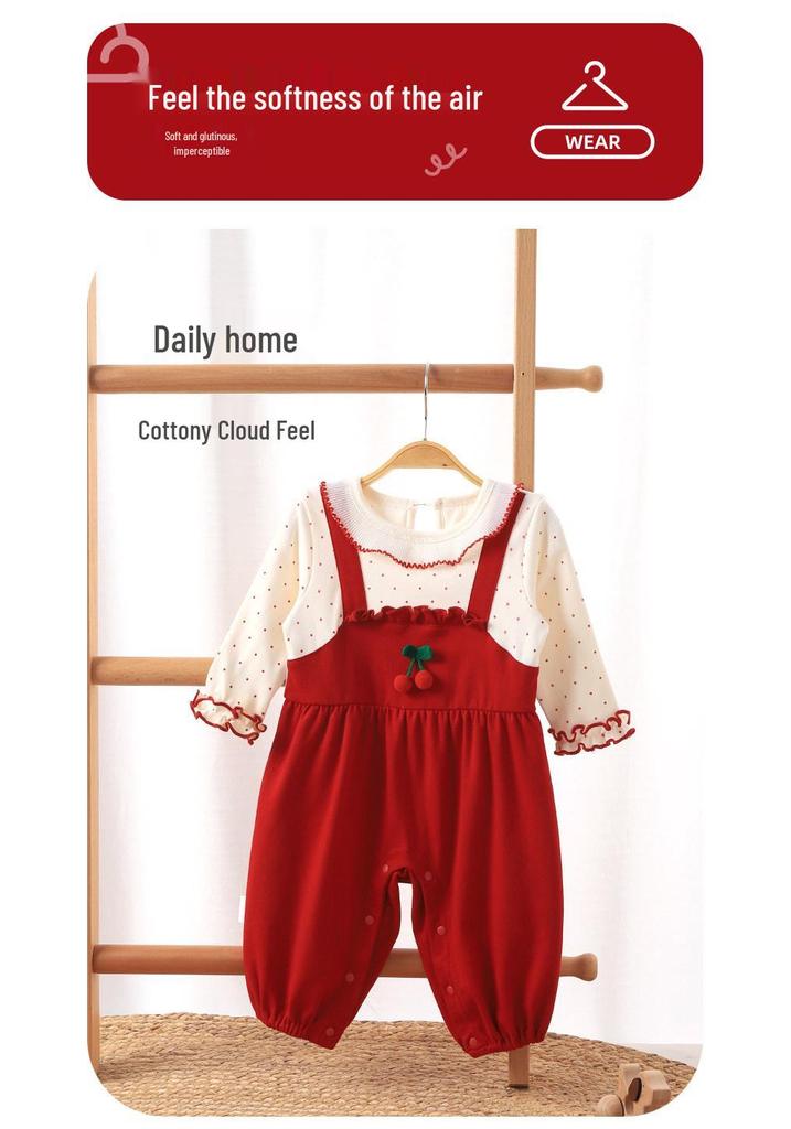 Youqi Autumn 2026 Baby Red Long-Sleeved Romper for Hundred Days Birthday Celebration