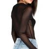 Yousheng Women T-shirt Round Neck Long Sleeve Slim Fit Pullover Tops See-through Mesh Yarn Bottom Tops Daily Wear