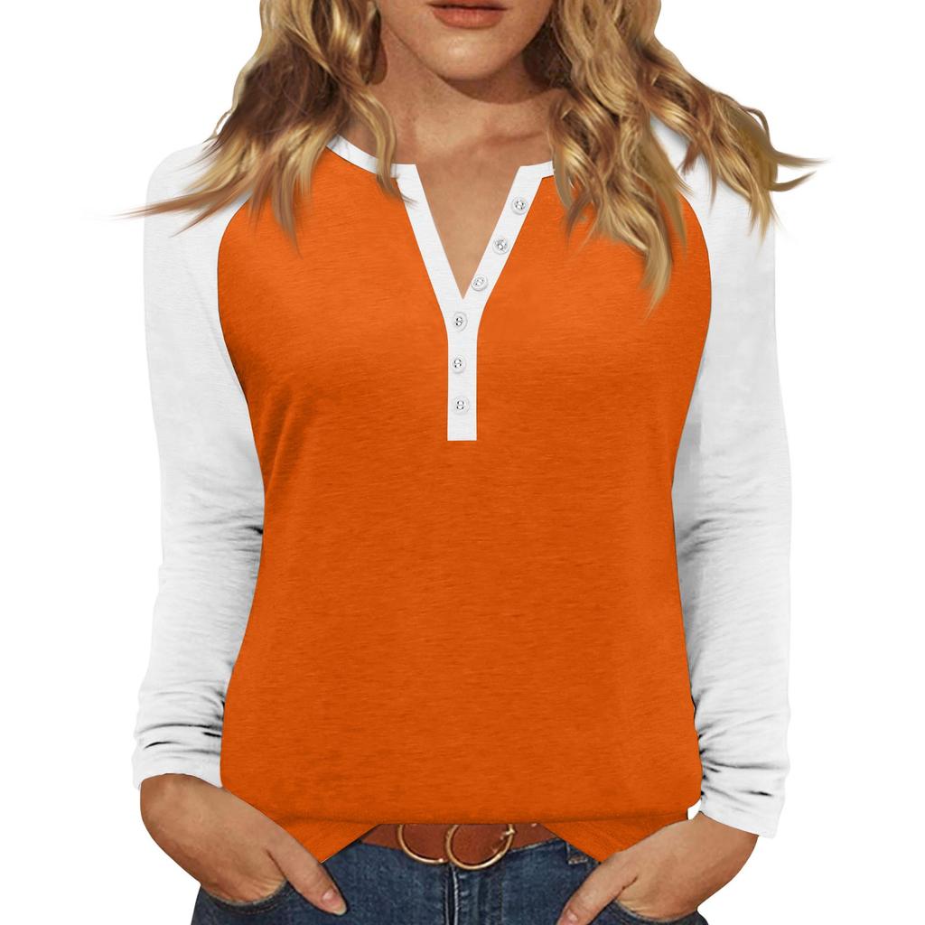 Women's T Shirt Color Block Button Long Sleeve Daily Weekend Fashion Basic V- Neck Regular Top