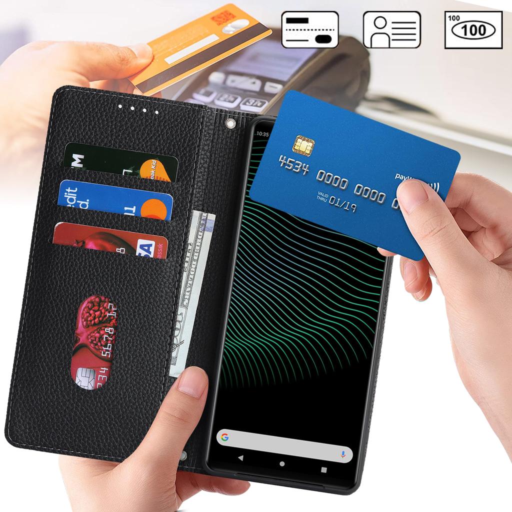 Etui portfel z podstawką i paskiem do Sony Xperia 1 IV 5G, skóra z teksturą liczi, klapka