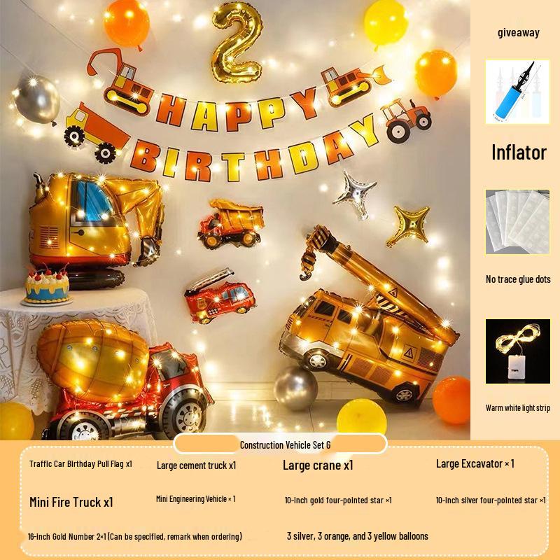 1st Birthday Construction Vehicle Balloon Set: 3D Party Decoration