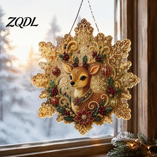 Zestaw do tworzenia własnych ozdób malarskich z sztucznymi perłami, Świąteczne ozdoby artystyczne do zawieszenia, Dekoracje świąteczne z koralików, Łapacz słońca, Akrylowa płytka w kształcie płatka śniegu z