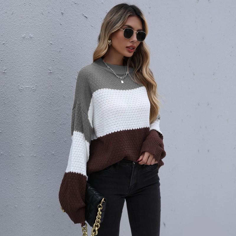 Yiyi Autumn/Winter Color-Block Loose Knit Round Neck Pullover Sweater