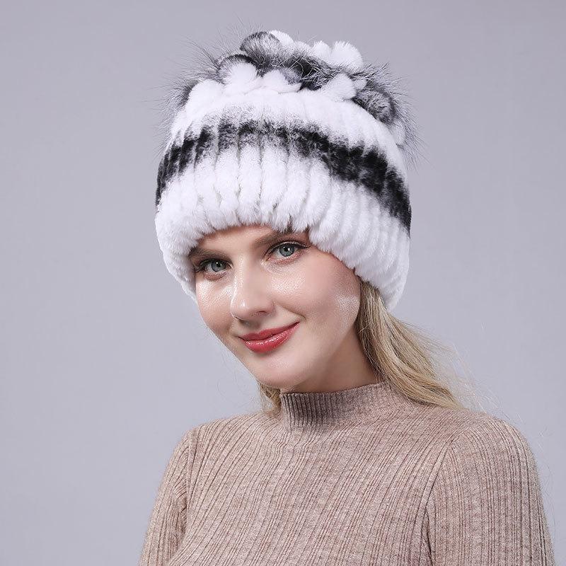 New Rex Rabbit Hair Hat Women's Winter Thickened Warm Fashion Versatile Elastic Fur Woven Hand-sewn Knitted Hat