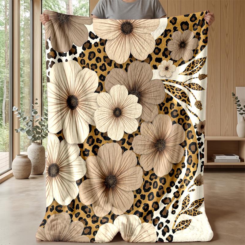 Floral Leopard Ribbon Theme Blanket Lightweight Warm Flannel Blanket Decorative Throw Blanket for Home Decoration