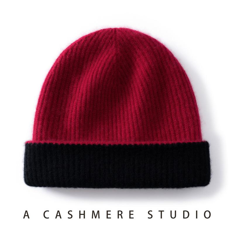 Double cashmere hat men's and women's autumn and winter versatile knitted hat thickened warm color matching bag head hat cold hat