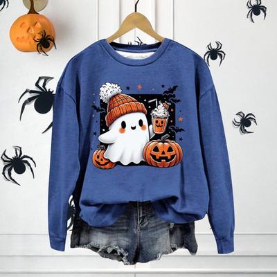 Dames Dagelijkse Kleding Top Dames Halloween Sweatshirt met Cartoon Pompoen Vleermuis Geest Print Ronde Hals Lange Mouwen Pullover voor Dagelijks