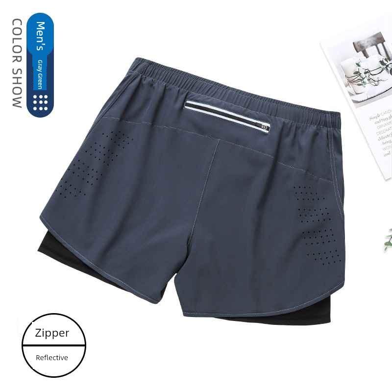 Men's Running Shorts Professional Marathon Track and Field Three-Quarter Length Quick-Dry Inner Lining Pants Sports Two-In-One Design with Phone