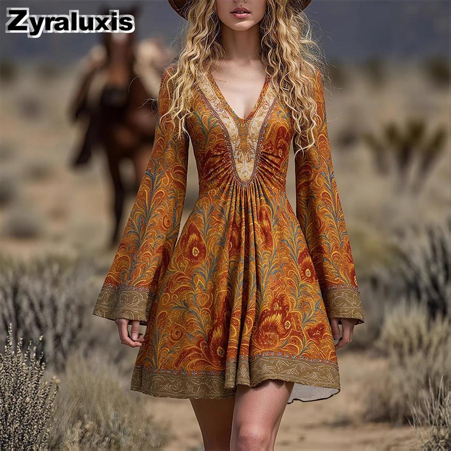 Women's Vintage Floral Long Sleeve Dress Bohemian Style