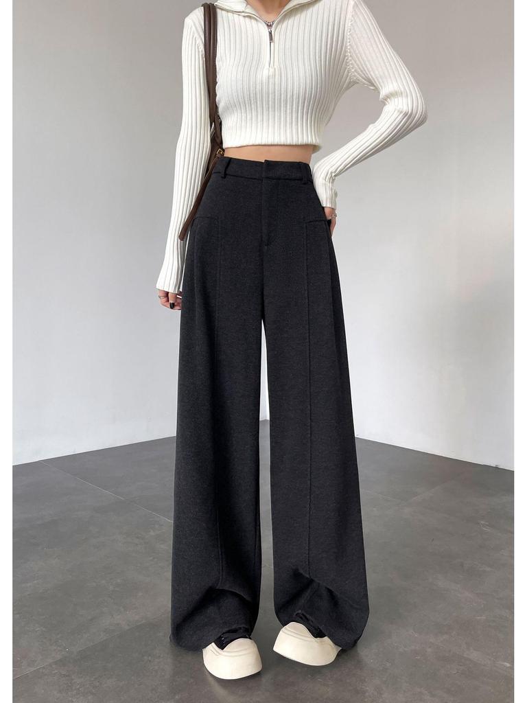 Aixuan Off-White Wool Wide-Leg Casual Pants - Women's High-End Straight-Leg Draped Pants for Autumn 2025