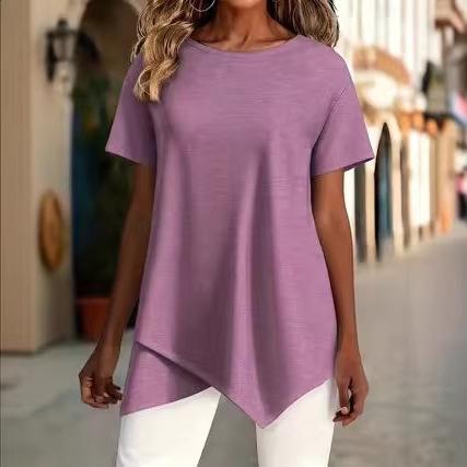 women's Solid Color Short Sleeve Irregular Hem Round Neck Loose Fit Casual Tunic Top Blouse
