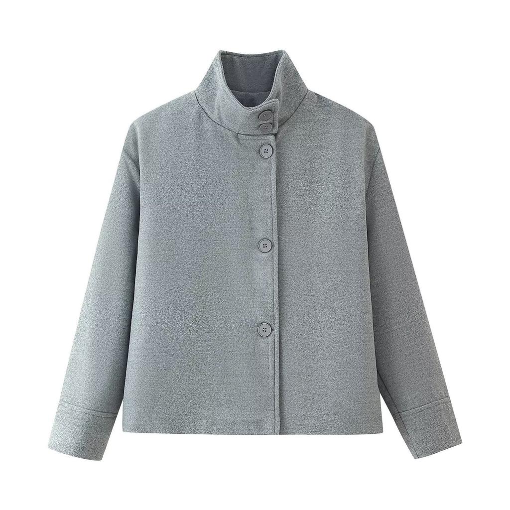 European and American women's clothing autumn and winter stand-up collar breasted short loose jacket casual solid color woolen coat top