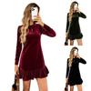 Women's Stylish Velvet Dress Long Sleeve Round Neck Ruffle Hem