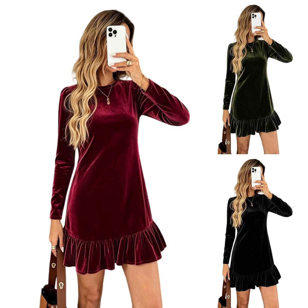 Women's Stylish Velvet Dress Long Sleeve Round Neck Ruffle Hem
